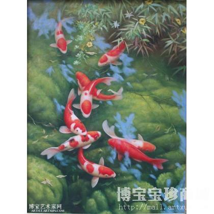陈万端 九鲤戏水 类别: 动物油画